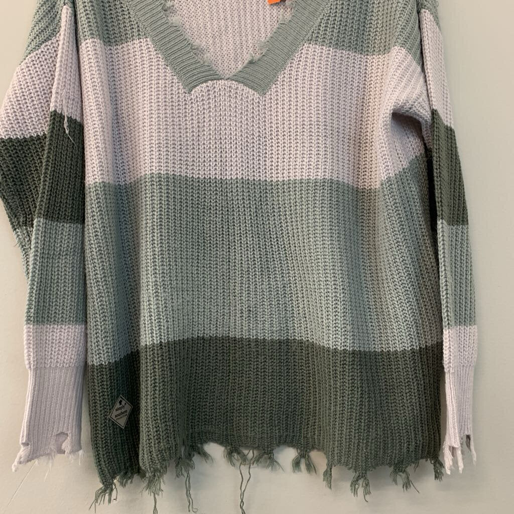 Simply Southern Green Striped Frayed Edge Sweater Medium