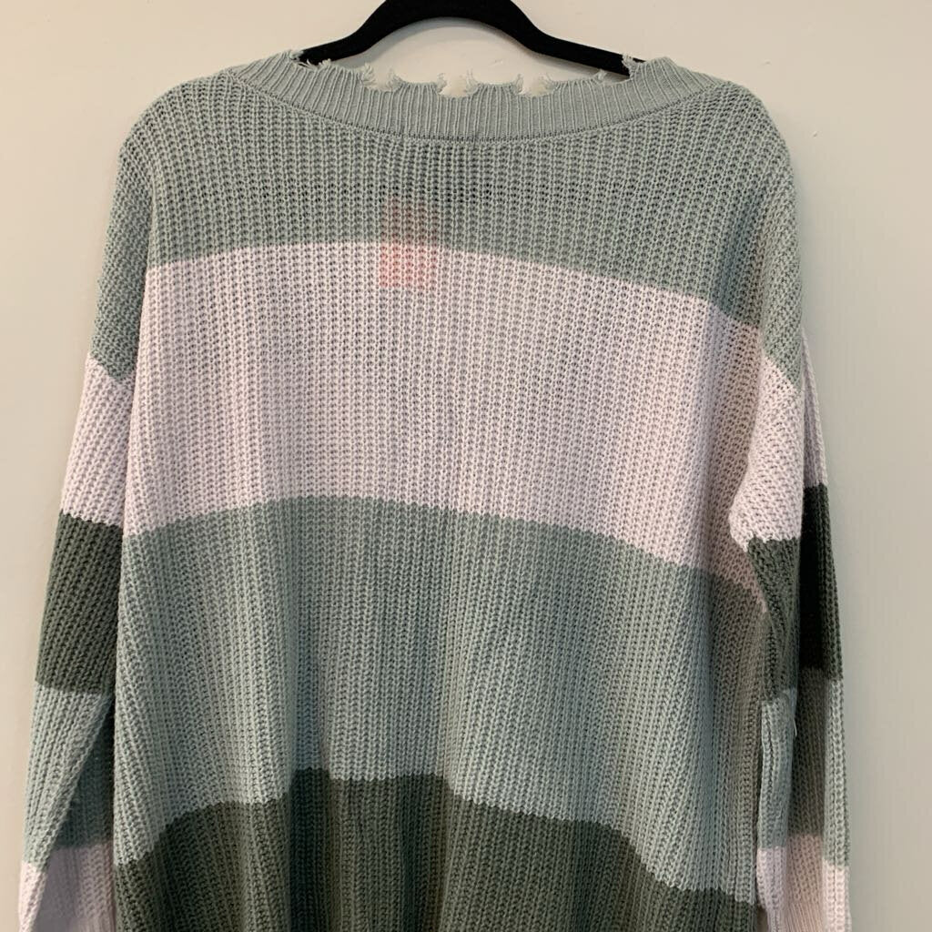 Simply Southern Green Striped Frayed Edge Sweater Medium