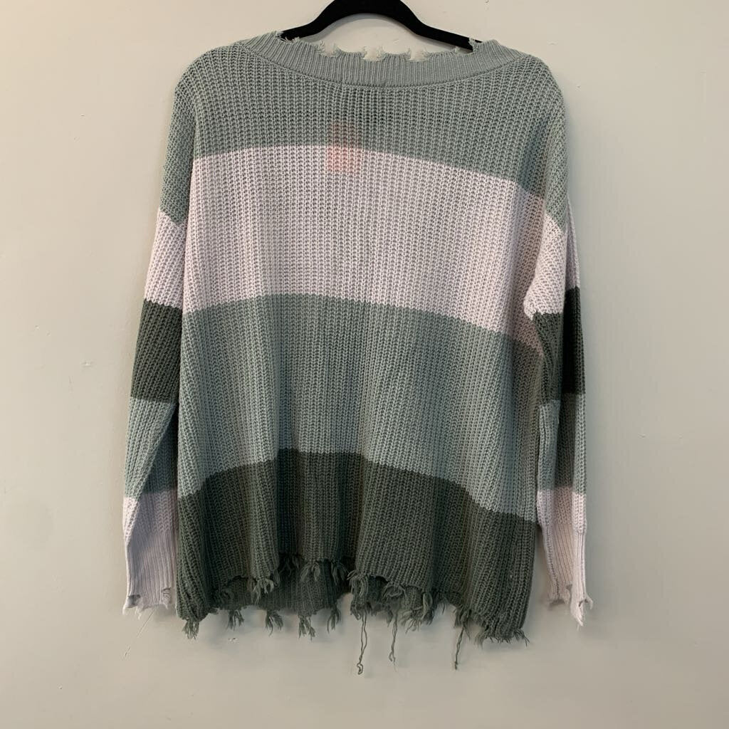 Simply Southern Green Striped Frayed Edge Sweater Medium