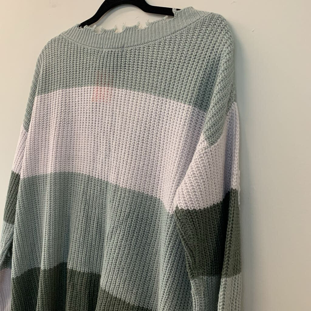 Simply Southern Green Striped Frayed Edge Sweater Medium