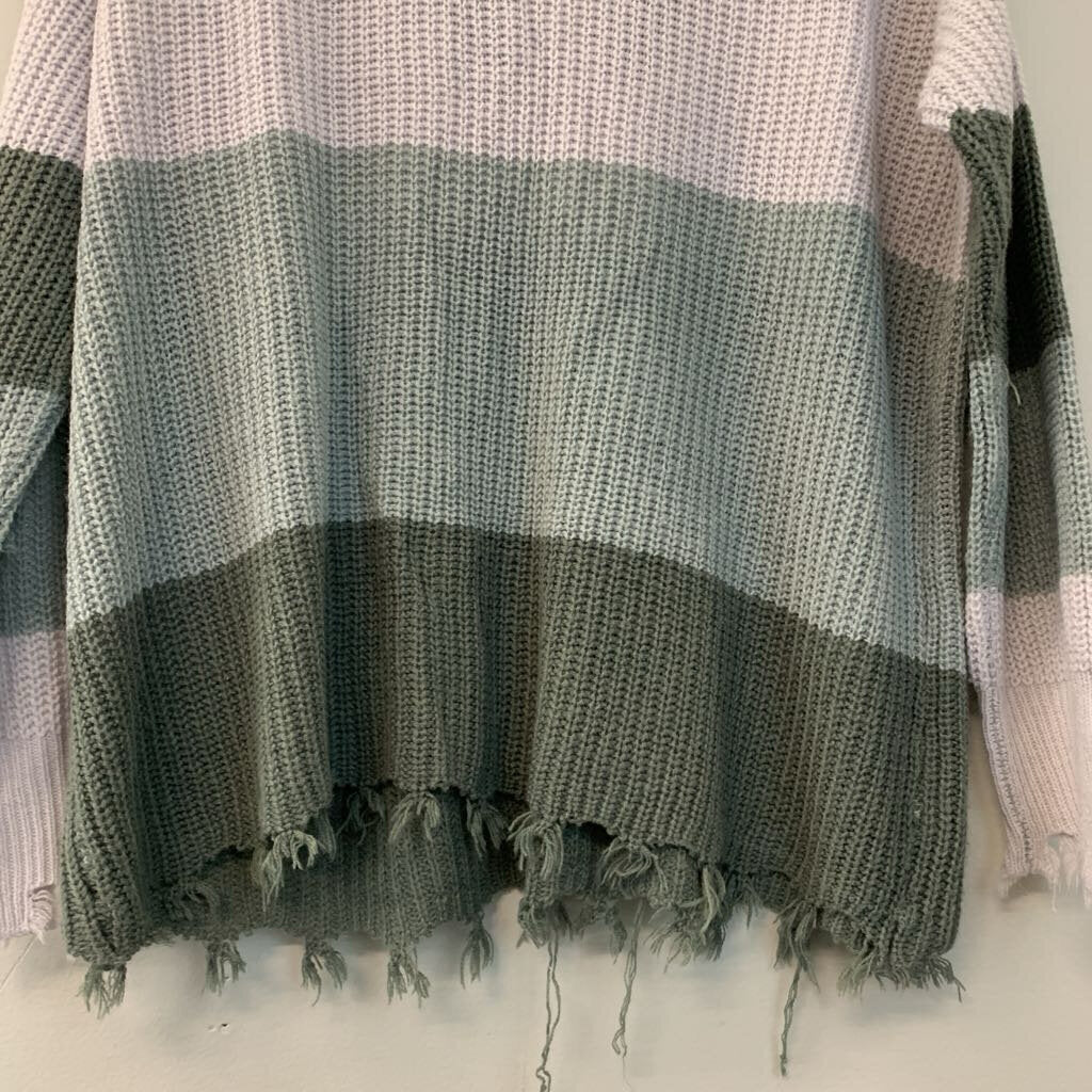 Simply Southern Green Striped Frayed Edge Sweater Medium