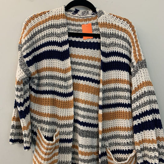 Cream/ Yellow/ Blue Striped Knit Open Front Sweater Medium