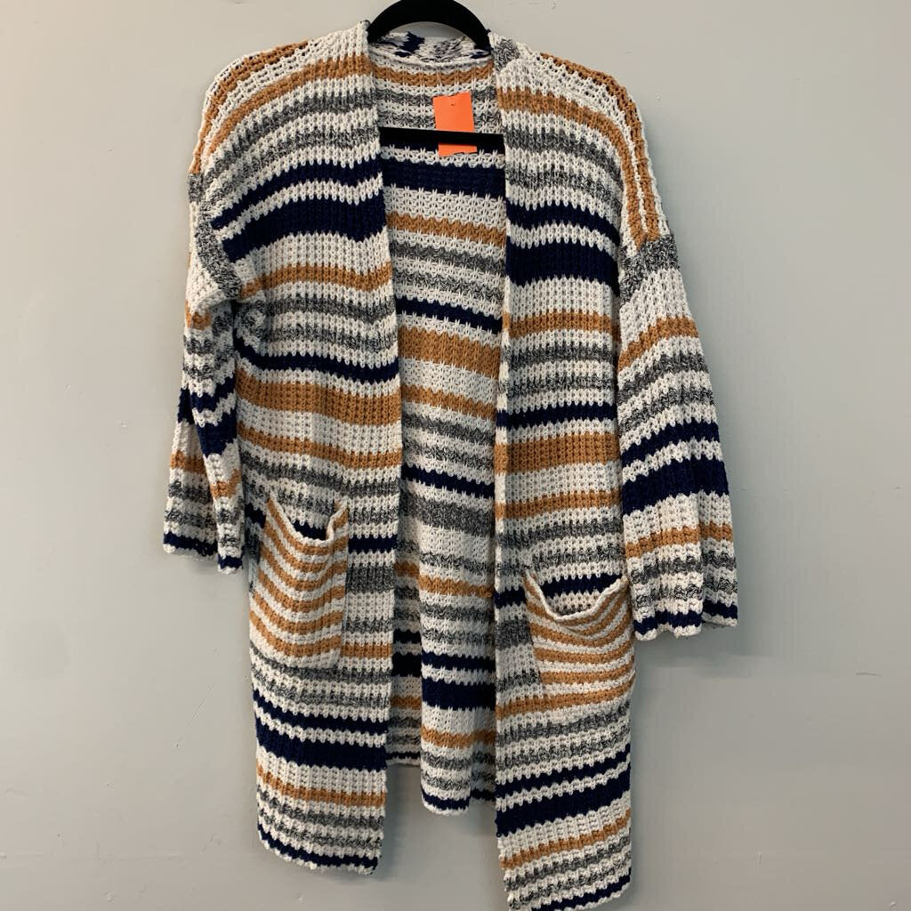 Cream/ Yellow/ Blue Striped Knit Open Front Sweater Medium