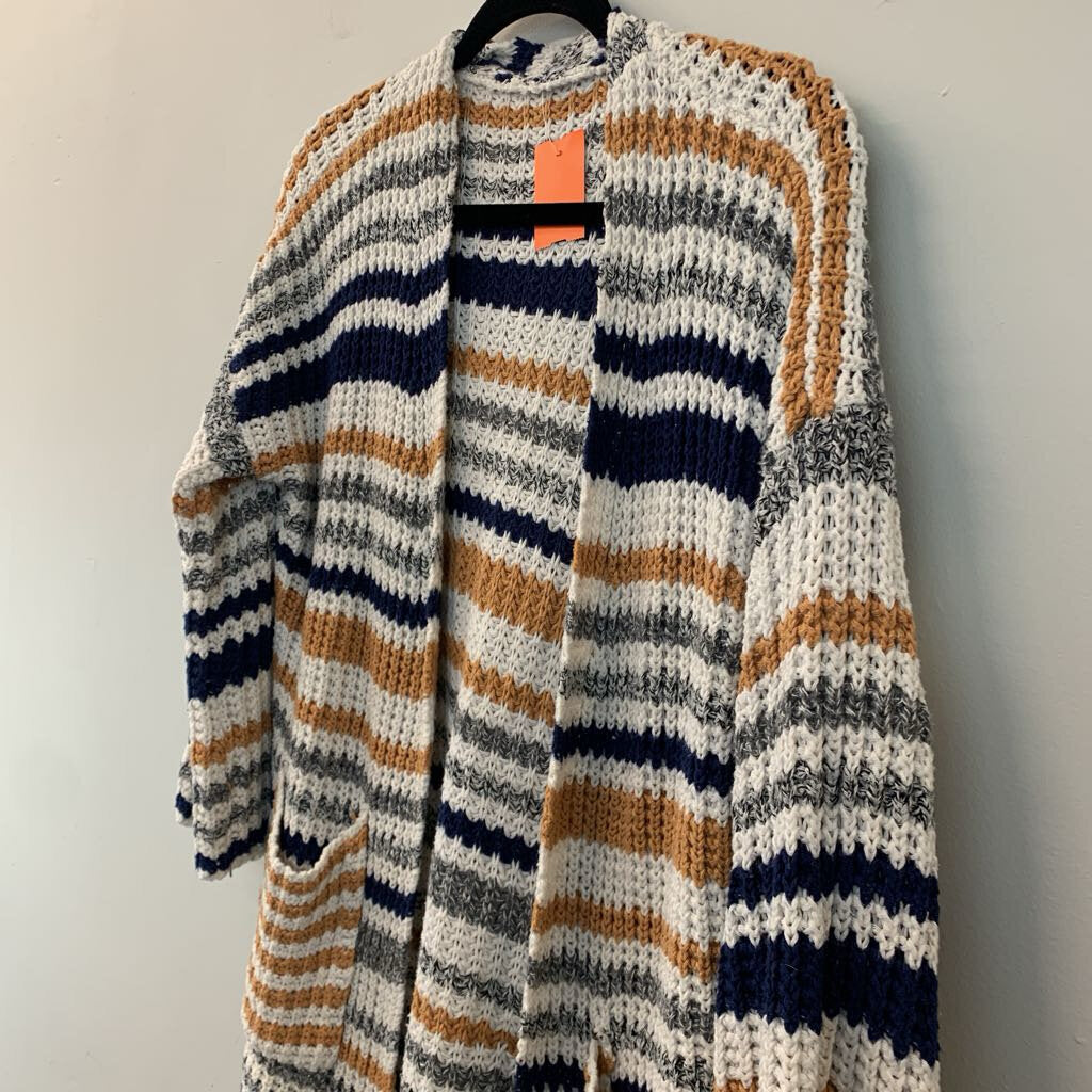 Cream/ Yellow/ Blue Striped Knit Open Front Sweater Medium