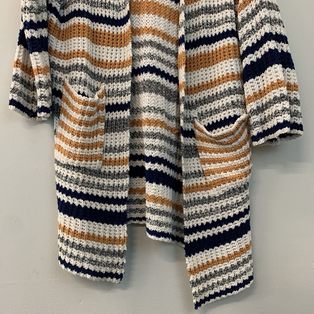 Cream/ Yellow/ Blue Striped Knit Open Front Sweater Medium