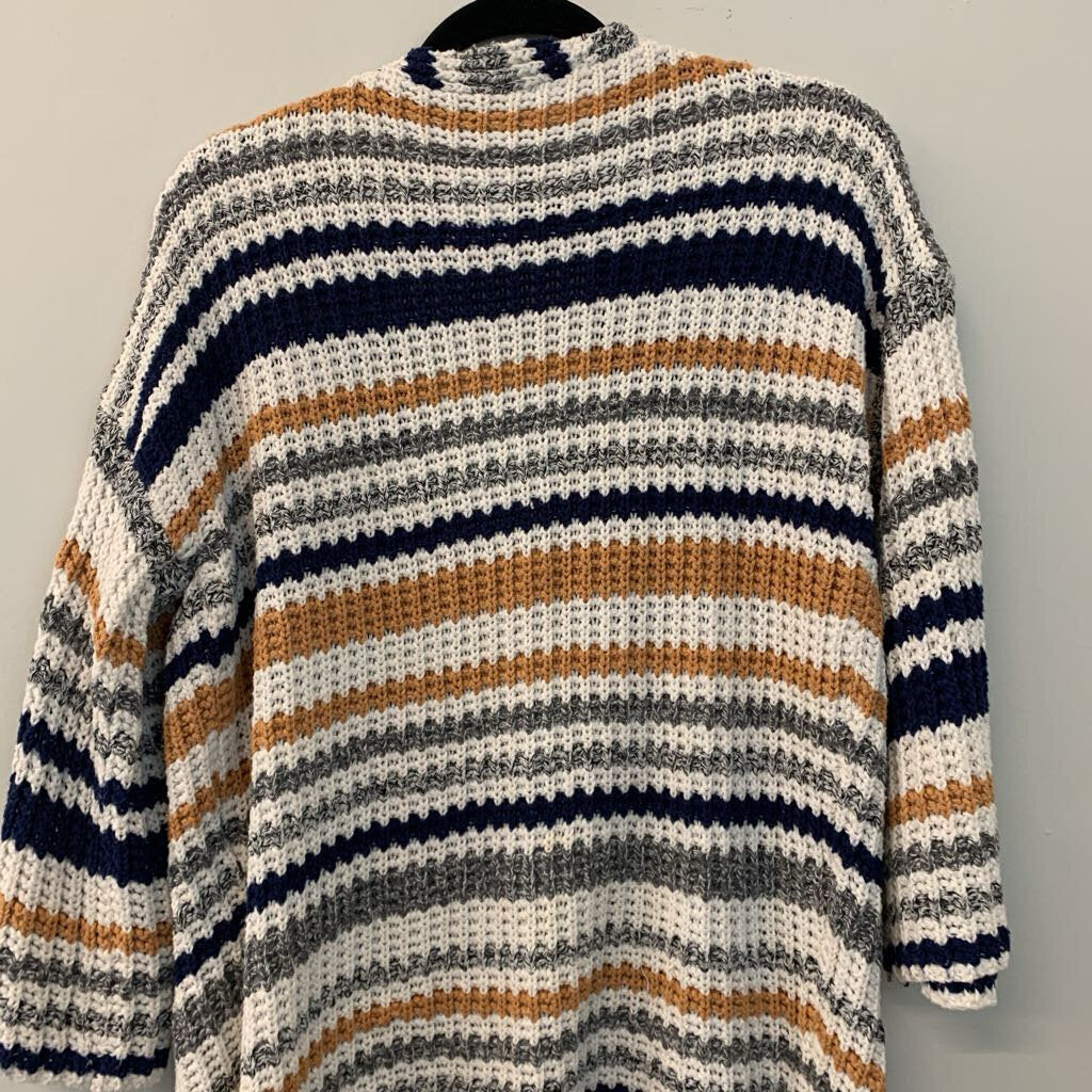 Cream/ Yellow/ Blue Striped Knit Open Front Sweater Medium