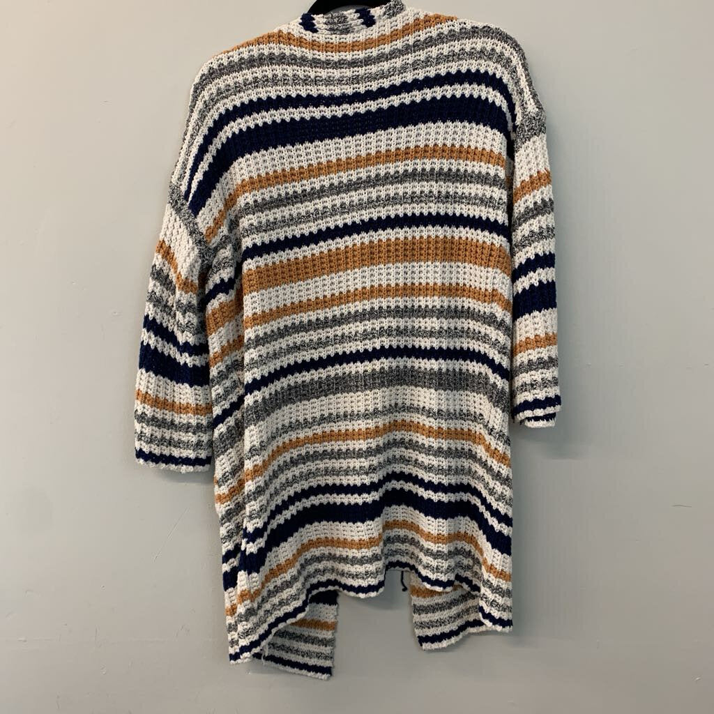 Cream/ Yellow/ Blue Striped Knit Open Front Sweater Medium