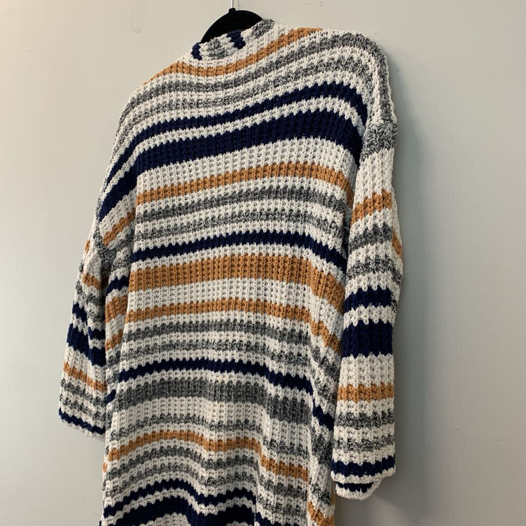 Cream/ Yellow/ Blue Striped Knit Open Front Sweater Medium