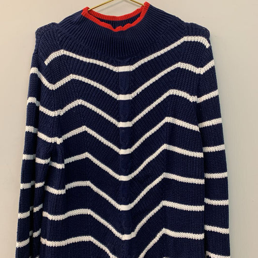 Navy/ White Striped Long Sleeve Sweater With Red Detail Large