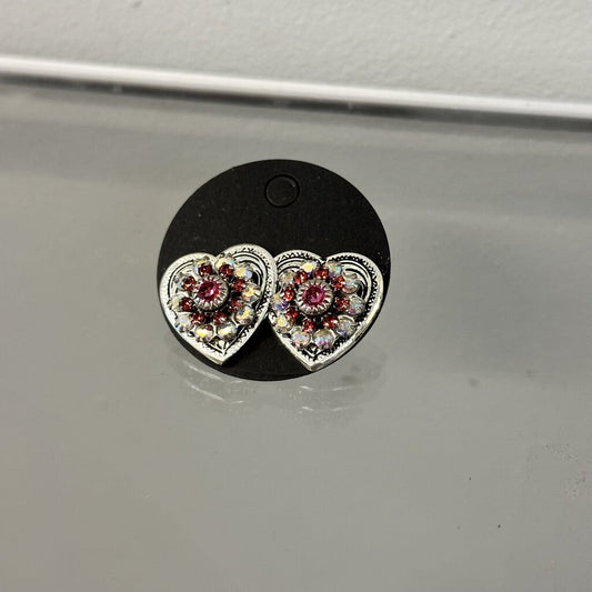 Silver/ Pink/ Red Heart Stud Earrings