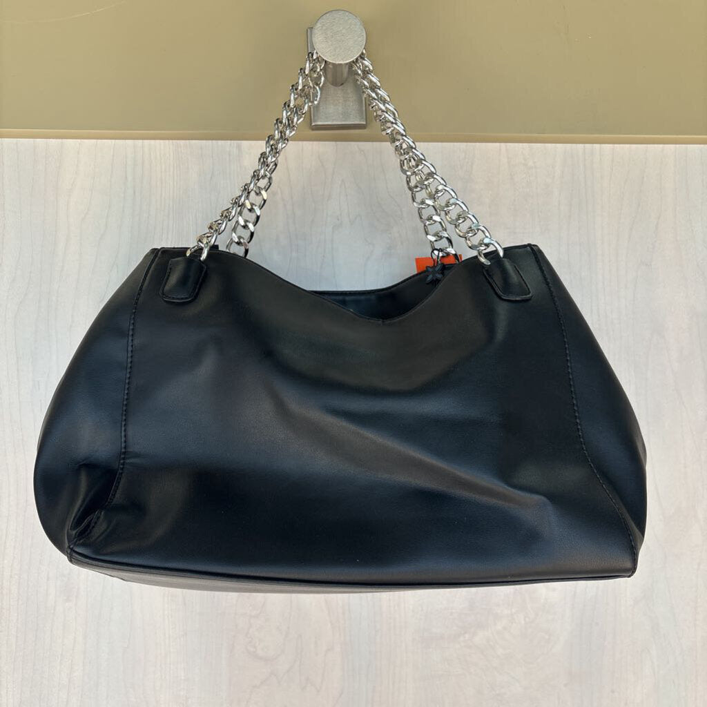 BCBG Black Leather Bag With Silver Chain Handles