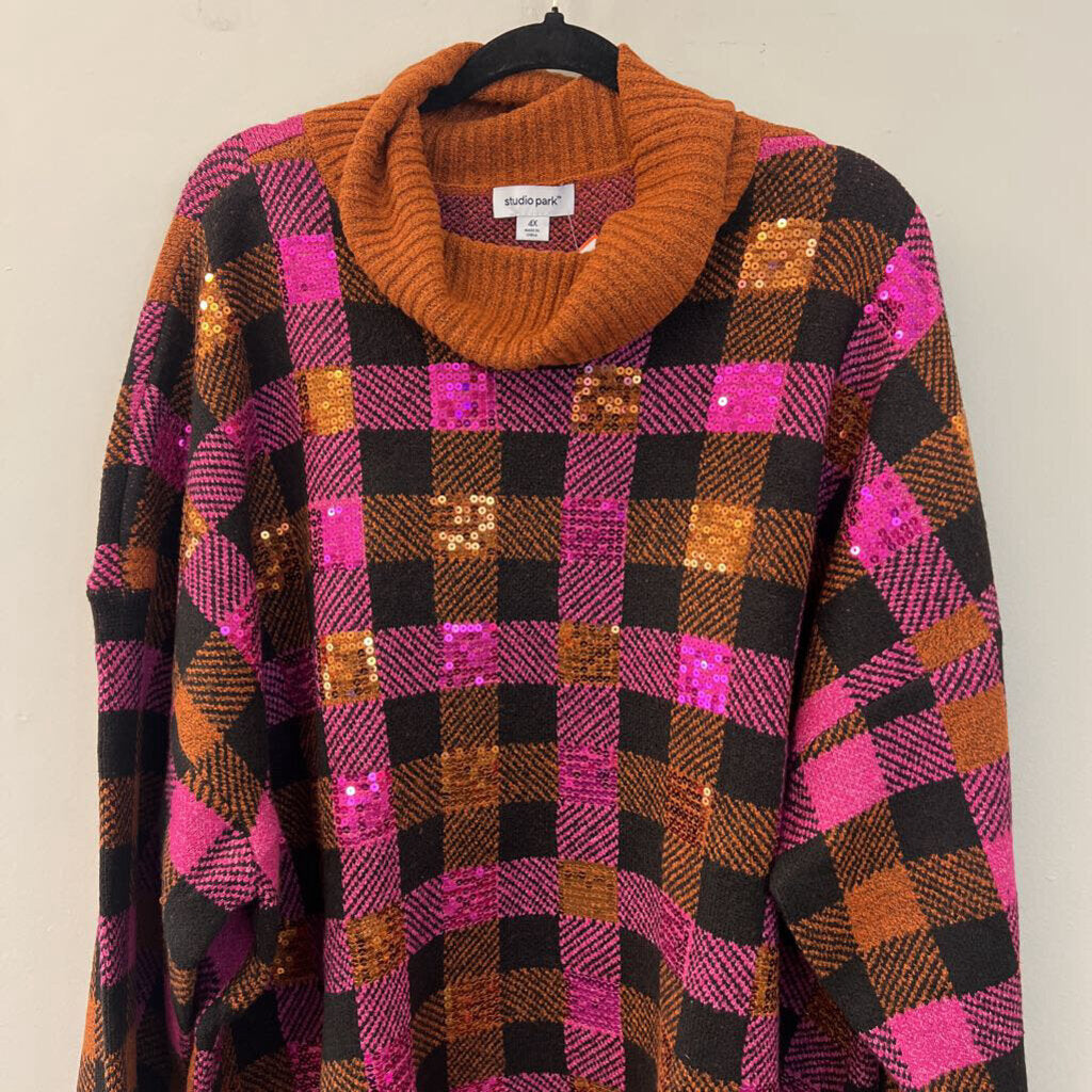 Studio Park Purple/ Orange Sequin Checkered Turtleneck Sweater 4X