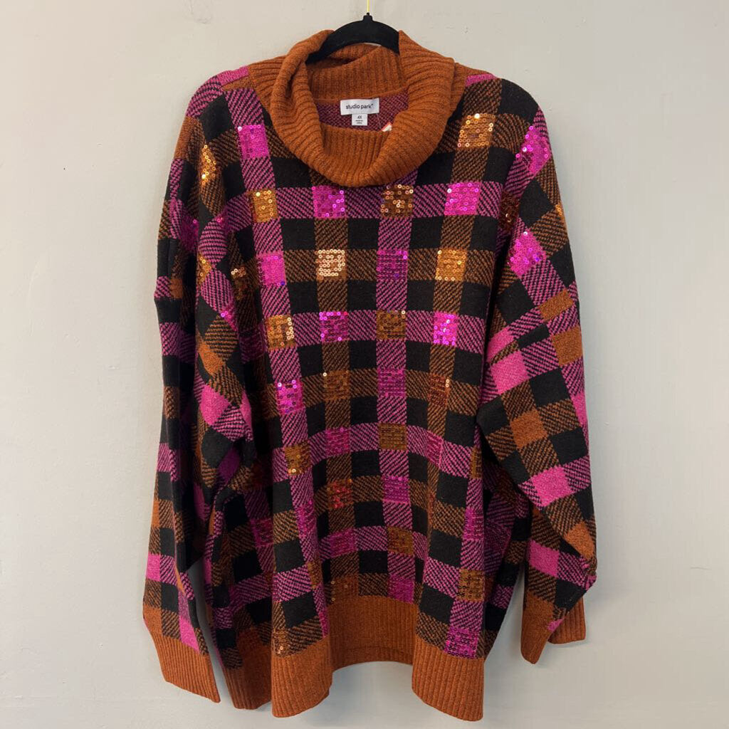 Studio Park Purple/ Orange Sequin Checkered Turtleneck Sweater 4X