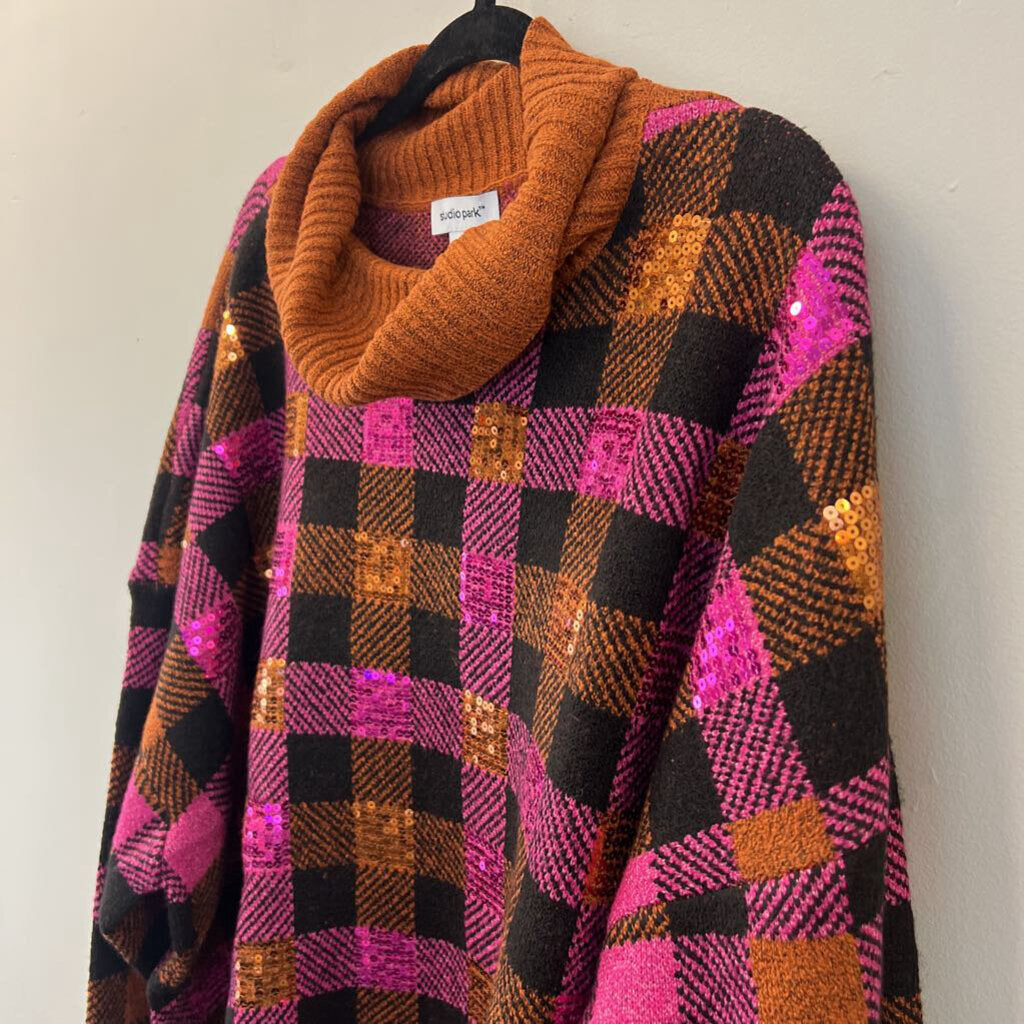 Studio Park Purple/ Orange Sequin Checkered Turtleneck Sweater 4X