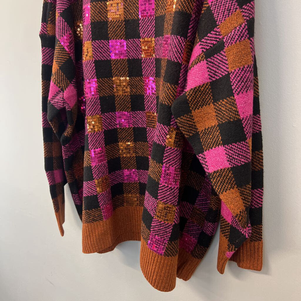 Studio Park Purple/ Orange Sequin Checkered Turtleneck Sweater 4X