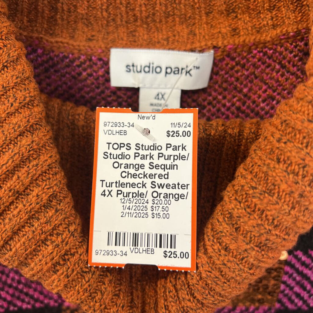 Studio Park Purple/ Orange Sequin Checkered Turtleneck Sweater 4X