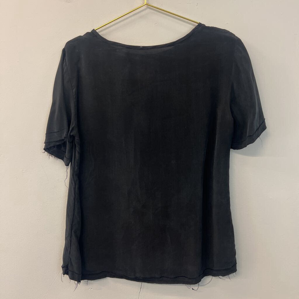 Anine Bing Black Soft Short Sleeve Frayed Edge Top Medium