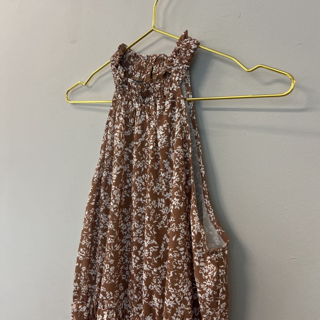 Brown/ White Print High Neck Dress Small