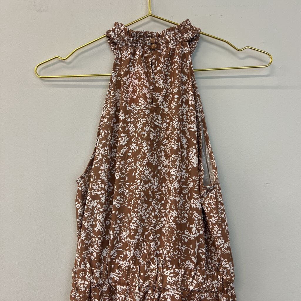 Brown/ White Print High Neck Dress Small