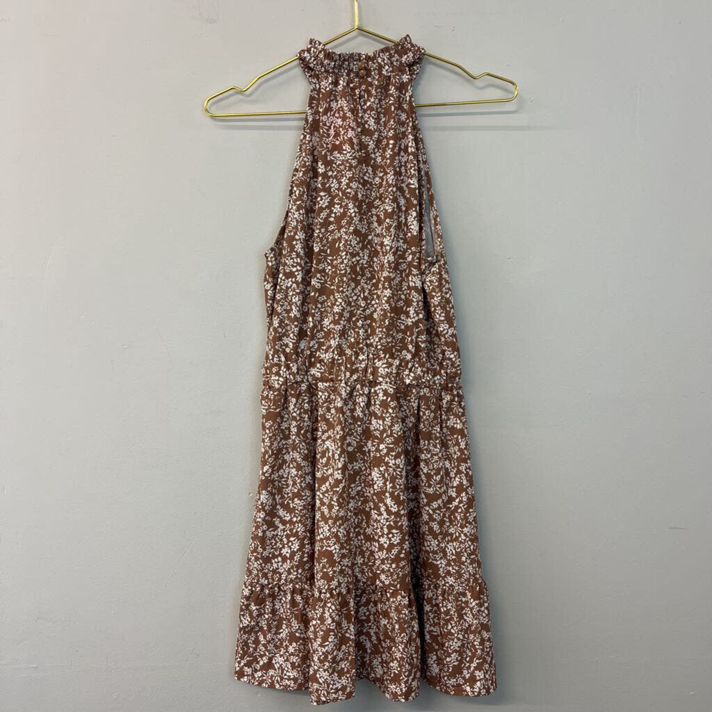 Brown/ White Print High Neck Dress Small