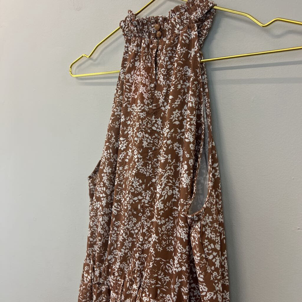 Brown/ White Print High Neck Dress Small