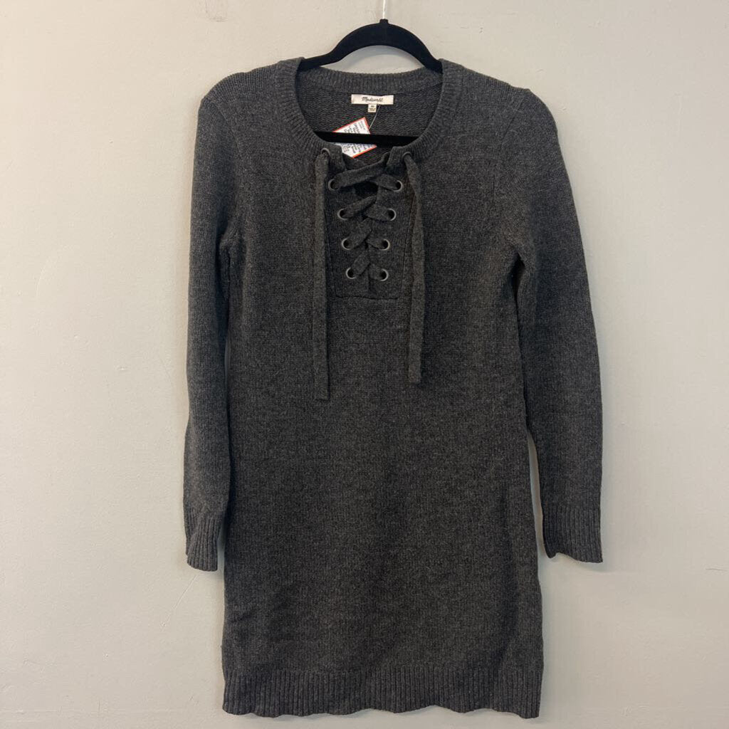 Madewell Grey Lace Up Front Long Sleeve Sweater Dress Extra Small