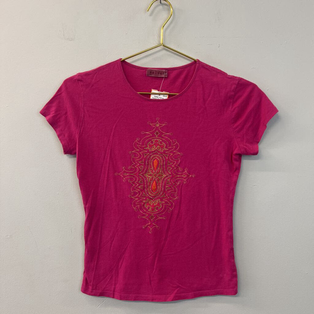 Velvet Pink/ Gold Short Sleeve Print Top Extra Small