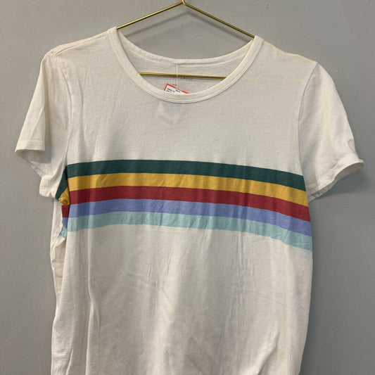 American Eagle White Multi Color Stripe Short Sleeve Top Large