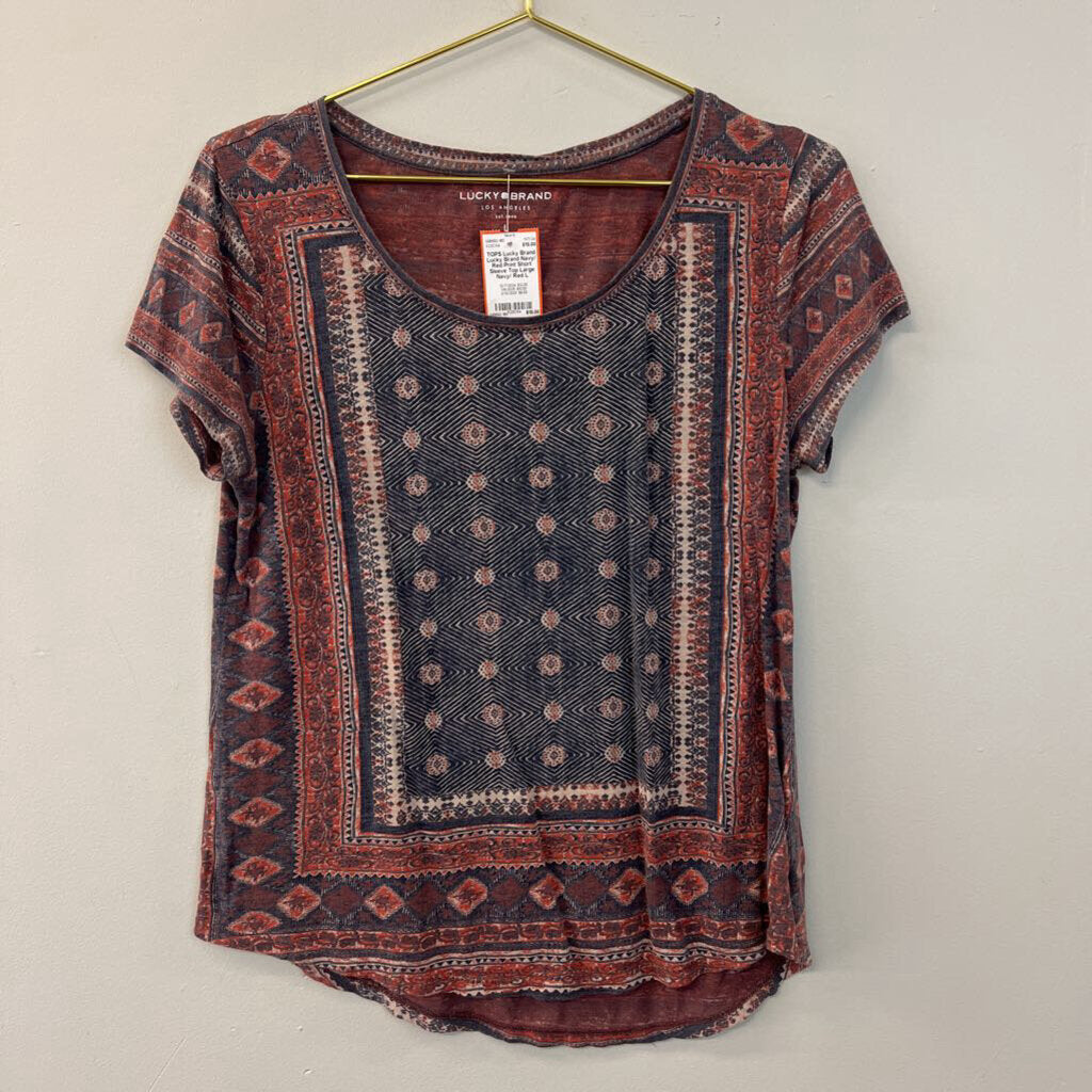 Lucky Brand Navy/ Red Print Short Sleeve Top Large