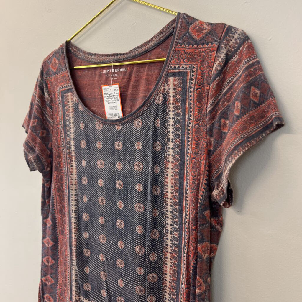 Lucky Brand Navy/ Red Print Short Sleeve Top Large