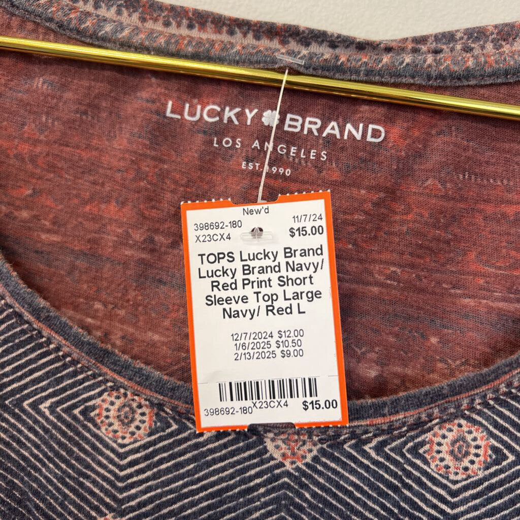 Lucky Brand Navy/ Red Print Short Sleeve Top Large