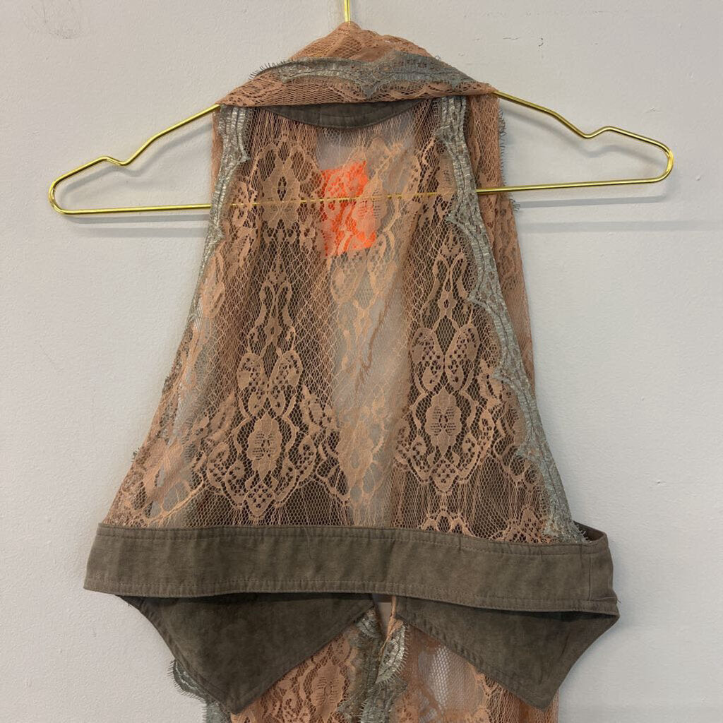 Mustard Seed Brown Lace Waterfall Front Vest Top Large