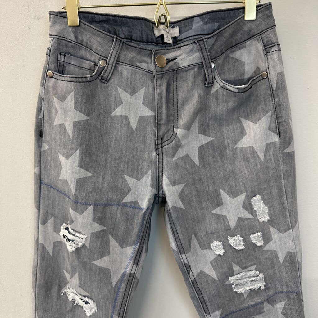 Easel Grey Star Print Distressed Jeans Small