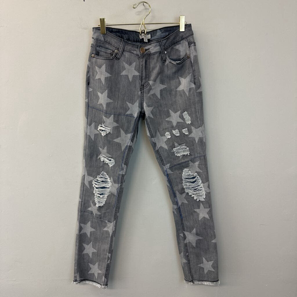 Easel Grey Star Print Distressed Jeans Small