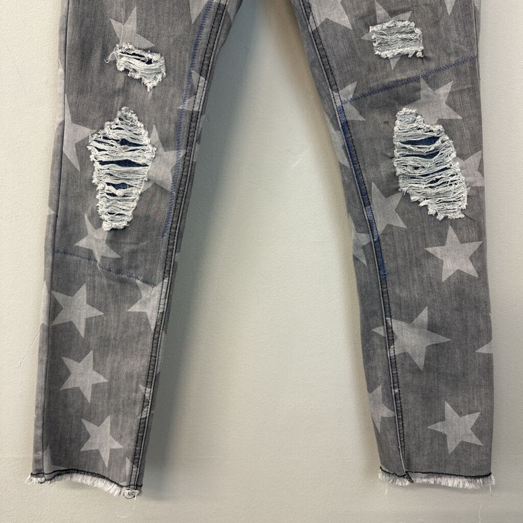 Easel Grey Star Print Distressed Jeans Small