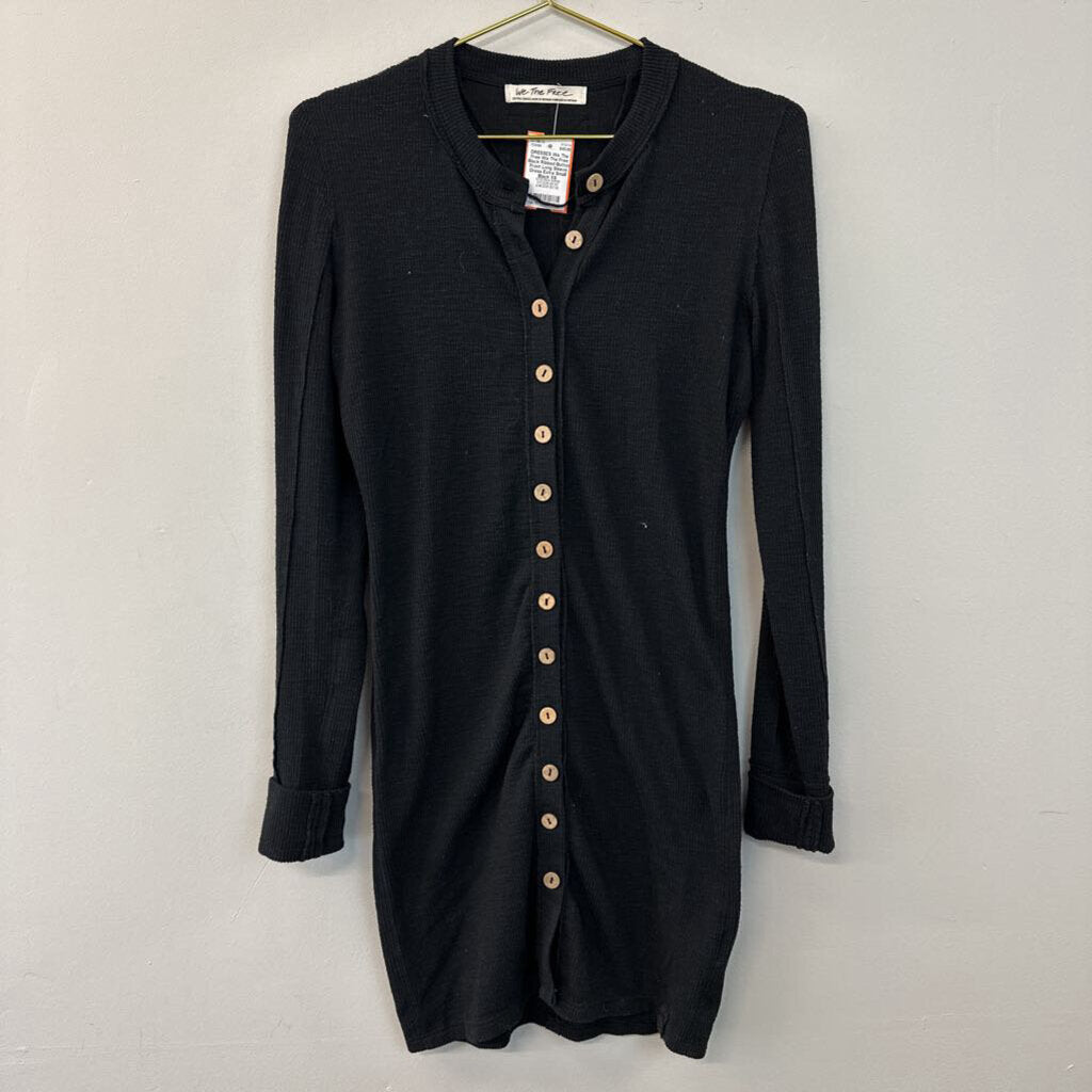 We The Free Black Ribbed Button Front Long Sleeve Dress Extra Small