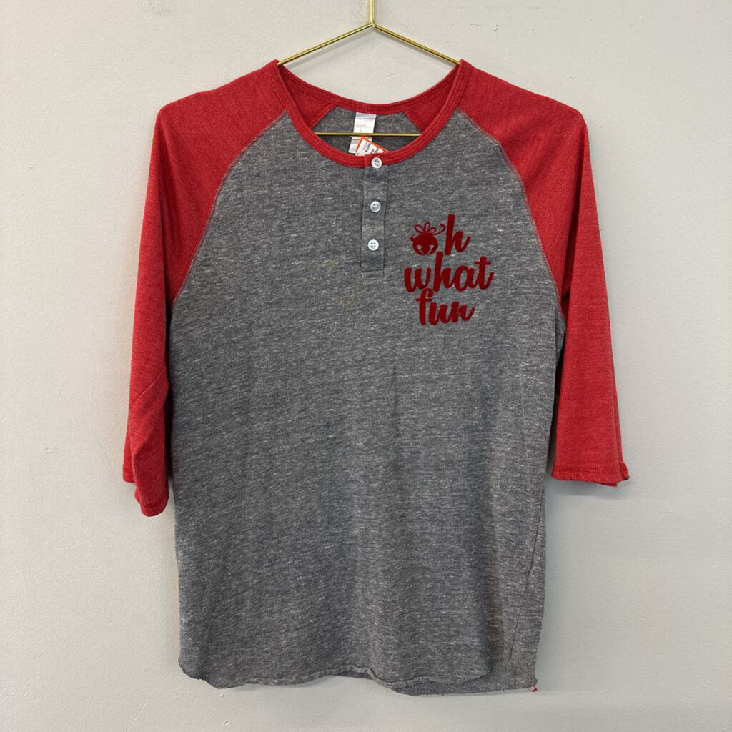 Red/ Grey 'Oh What Fun' Henley Tee Medium