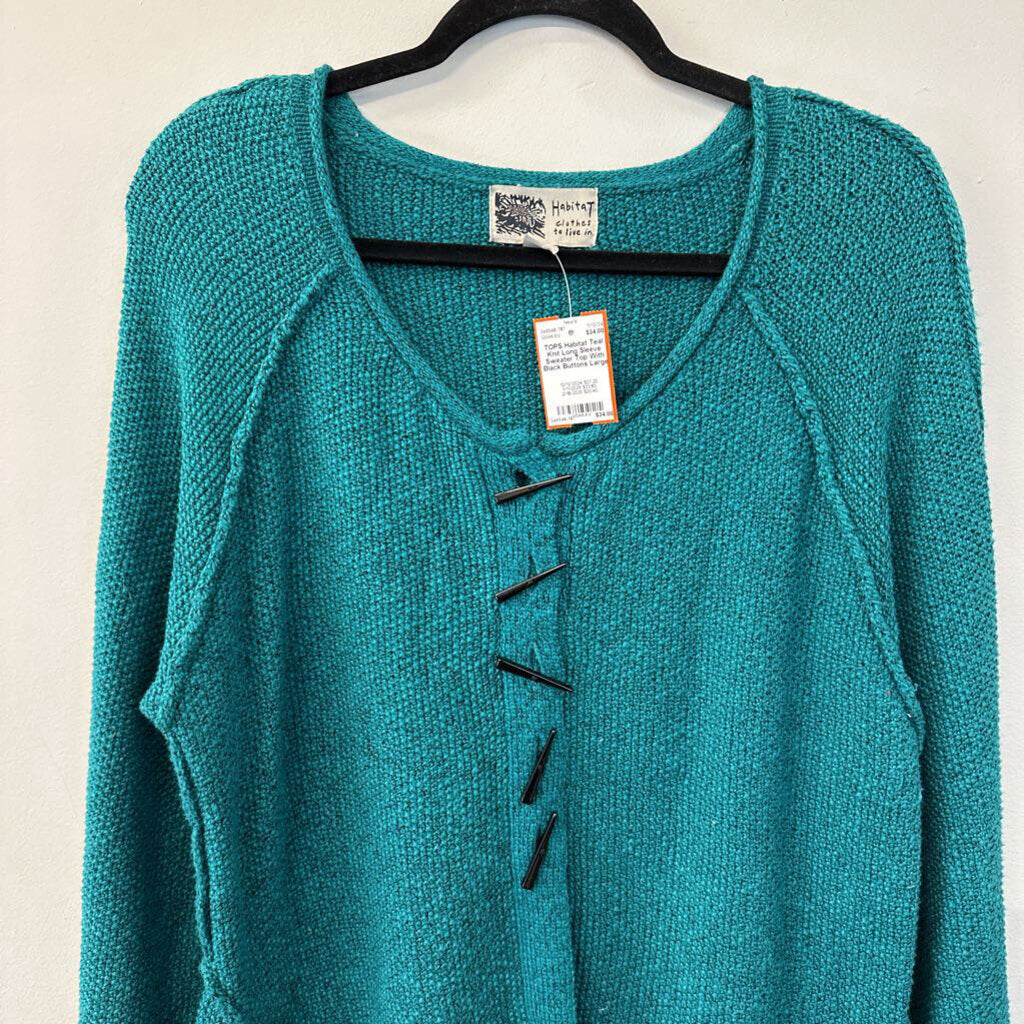 Habitat Teal Knit Long Sleeve Sweater Top With Black Buttons Large