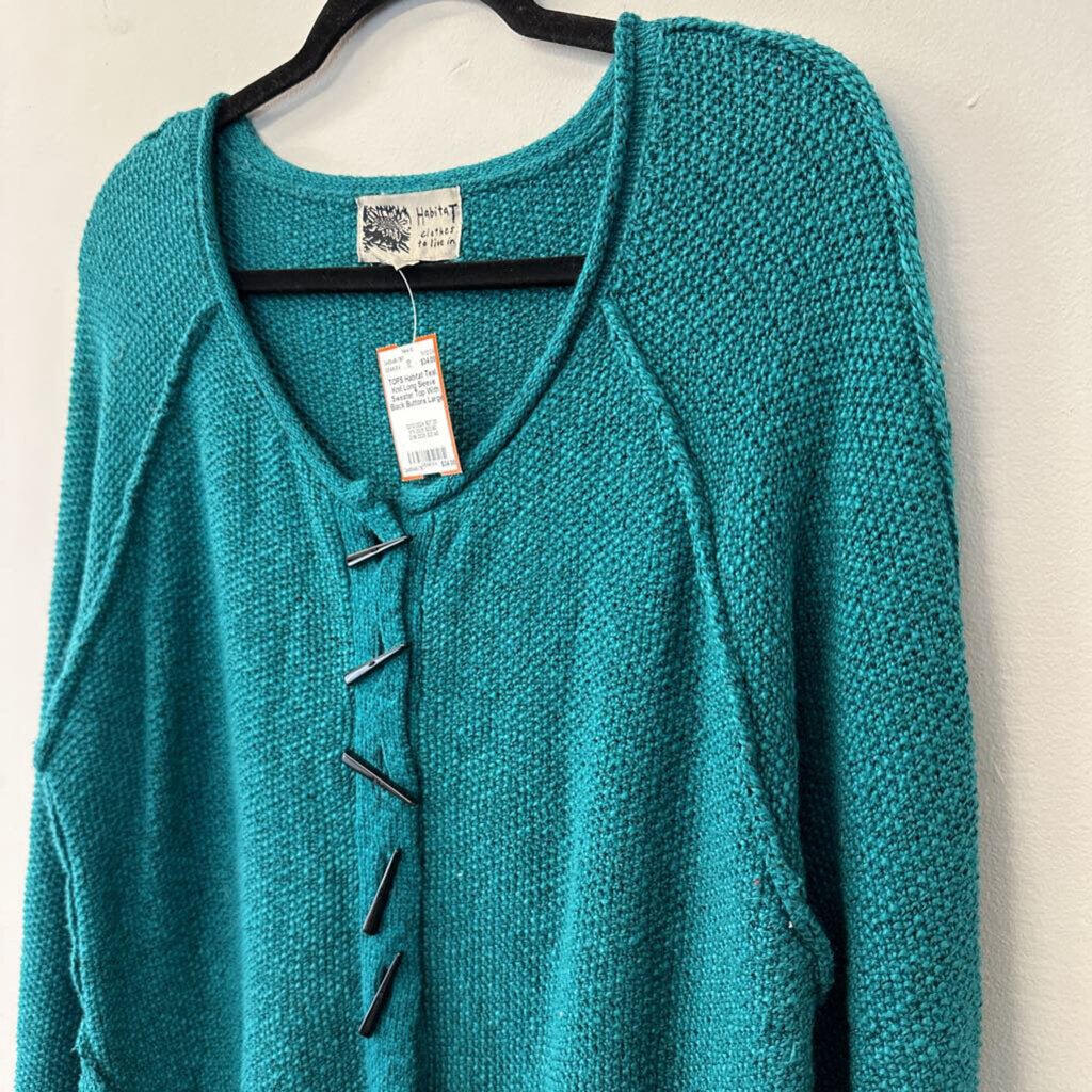 Habitat Teal Knit Long Sleeve Sweater Top With Black Buttons Large