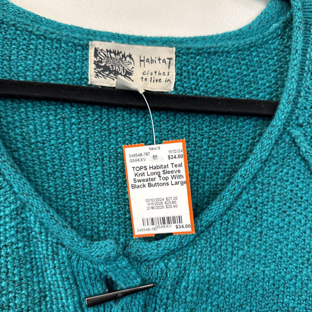 Habitat Teal Knit Long Sleeve Sweater Top With Black Buttons Large