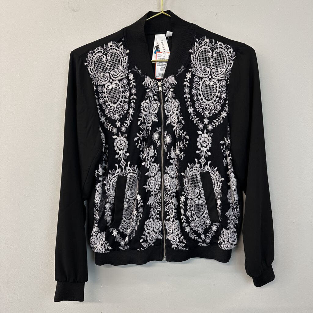 Society Girl Black/ White Embroidered Zip Up Jacket Small