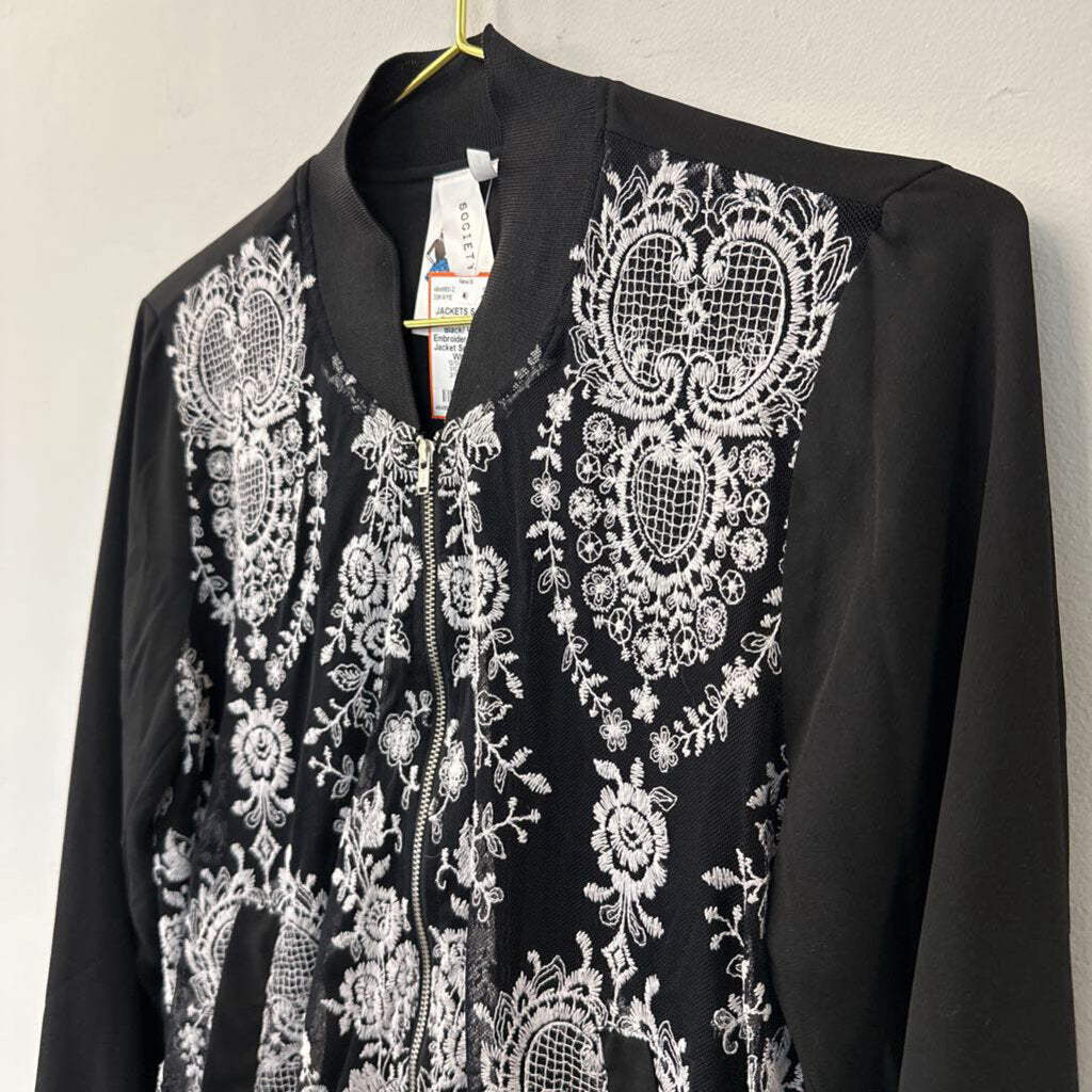 Society Girl Black/ White Embroidered Zip Up Jacket Small