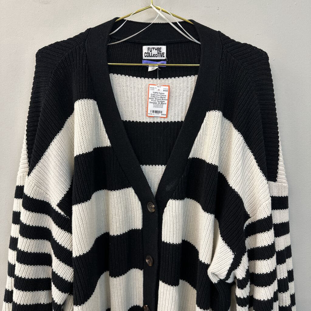 Future Collective Black/ White Striped Button Front Cardigan Sweater 3X