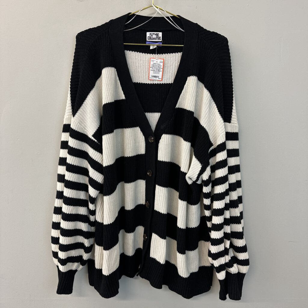 Future Collective Black/ White Striped Button Front Cardigan Sweater 3X