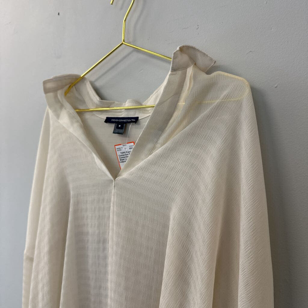 French Connection Cream Sheer Long Sleeve Collared Top Medium