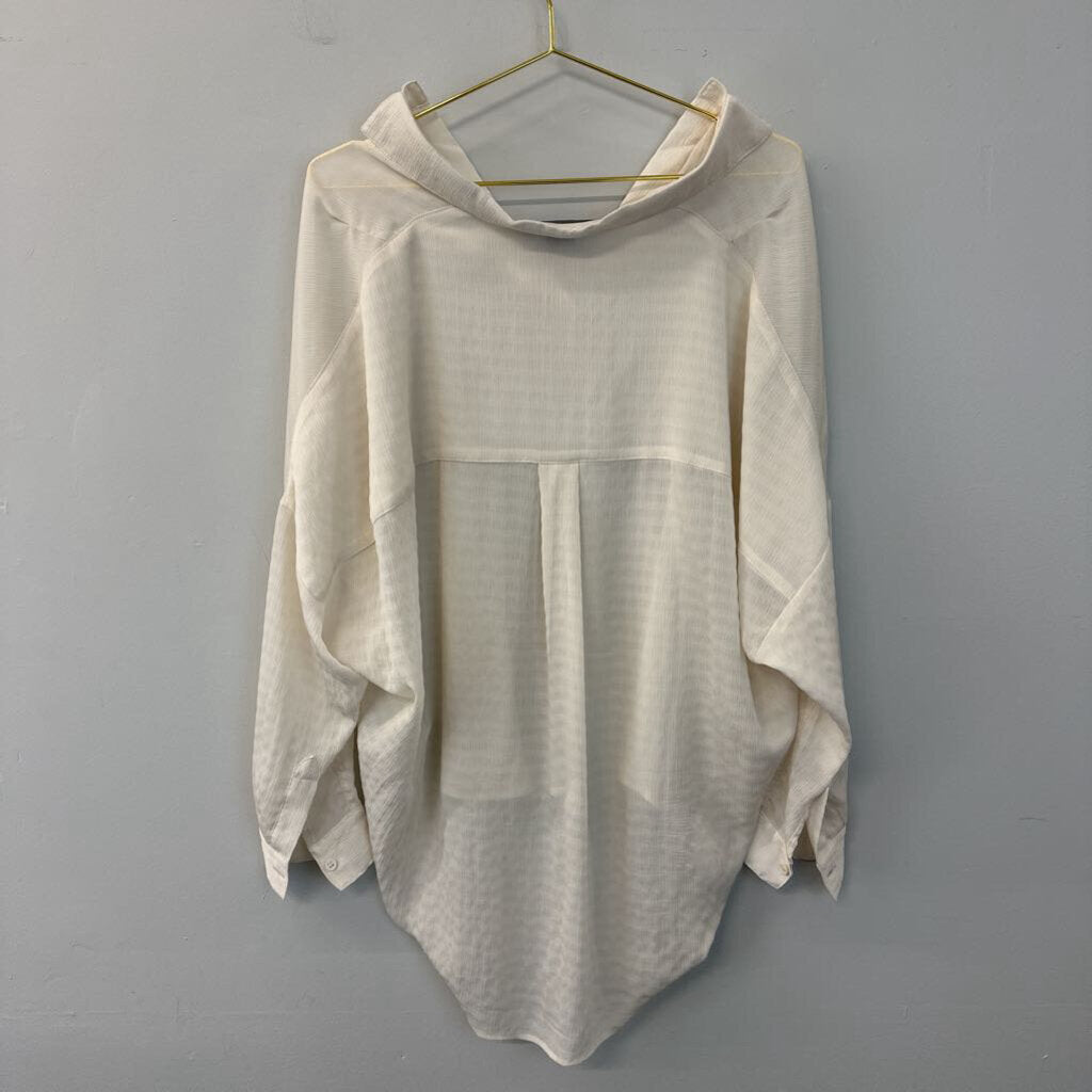 French Connection Cream Sheer Long Sleeve Collared Top Medium