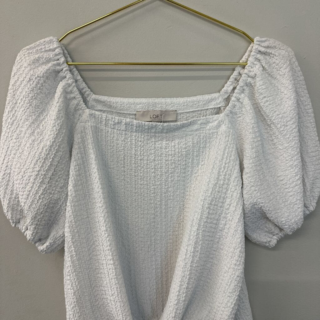 Loft White Textured Short Puff Sleeve Tie Front Top Small