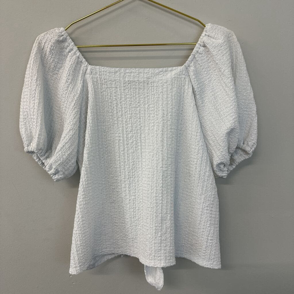 Loft White Textured Short Puff Sleeve Tie Front Top Small