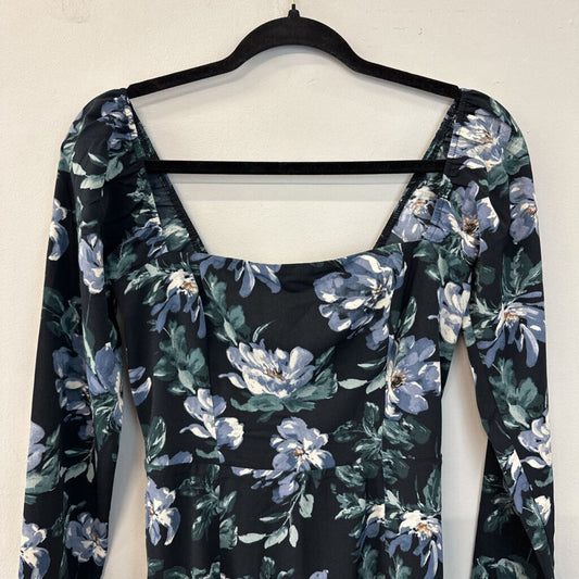 Abercrombie and Fitch Black/ Blue Flower Print Long Sleeve Midi Dress Small