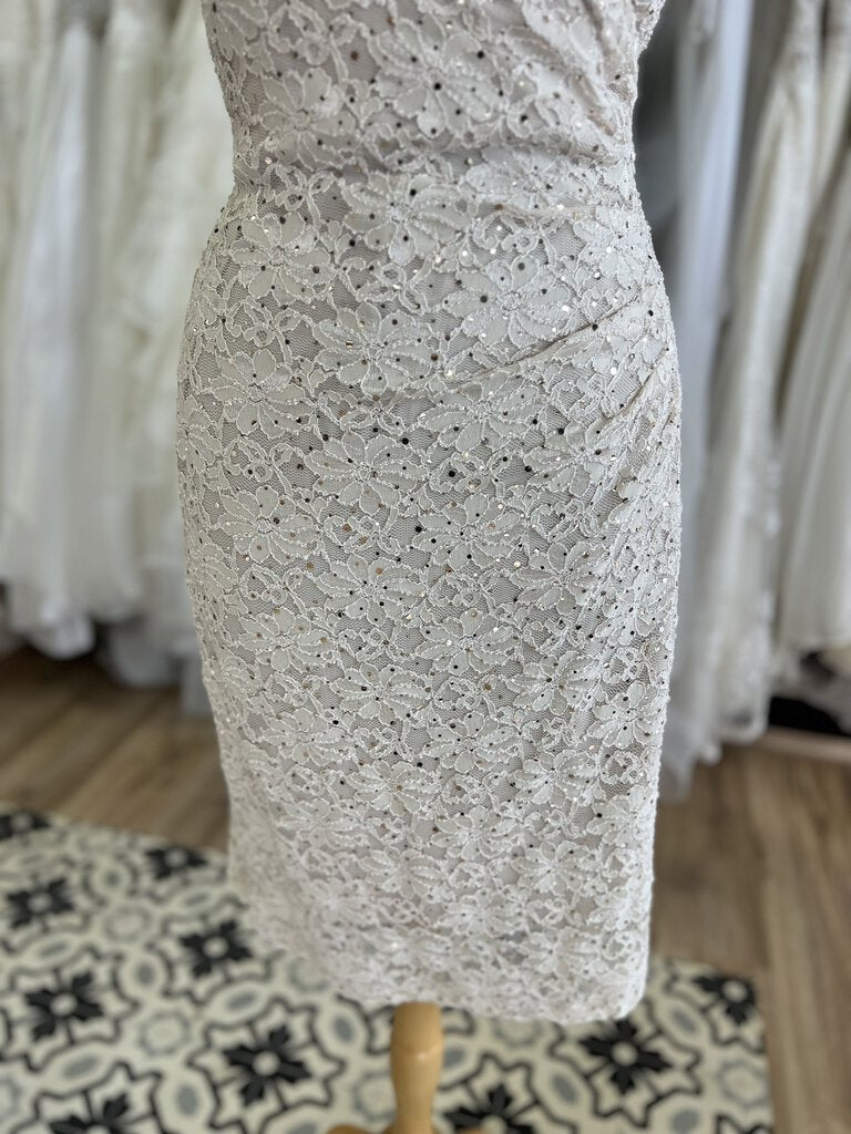 Connected Apparel Beige Sparkle Lace Short Sleeve Short Formal Dress 12